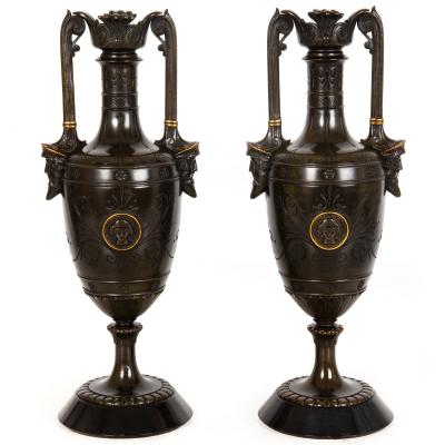 Pair of Neo Greco Bronze and Marble Urns Vases with Candlestick circa 1880