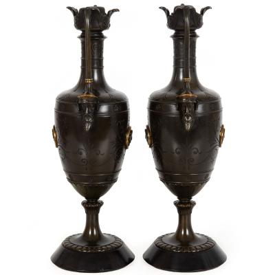 Pair of Neo Greco Bronze and Marble Urns Vases with Candlestick circa 1880