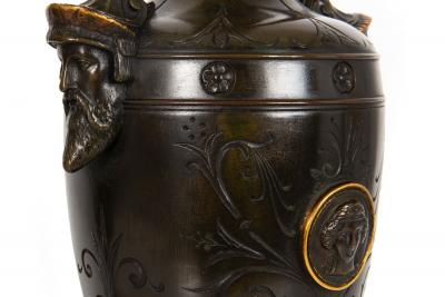 Pair of Neo Greco Bronze and Marble Urns Vases with Candlestick circa 1880
