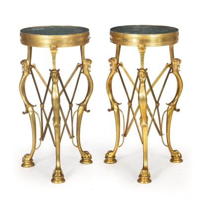 Pair of Neo Pompeian Brass and Green Marble Gueridon Side Tables