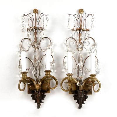 Pair of Neoclassical Bronze and Crystal Sconces