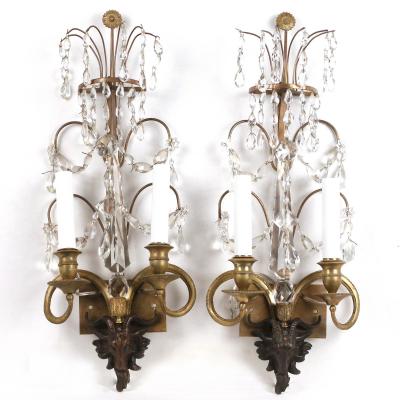 Pair of Neoclassical Bronze and Crystal Sconces