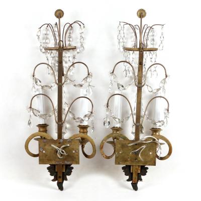 Pair of Neoclassical Bronze and Crystal Sconces