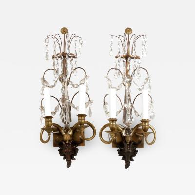 Pair of Neoclassical Bronze and Crystal Sconces