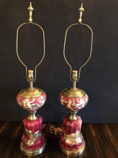 Pair of Neoclassical Cranberry Glass Decoupage Cherub Decorated Table Lamps