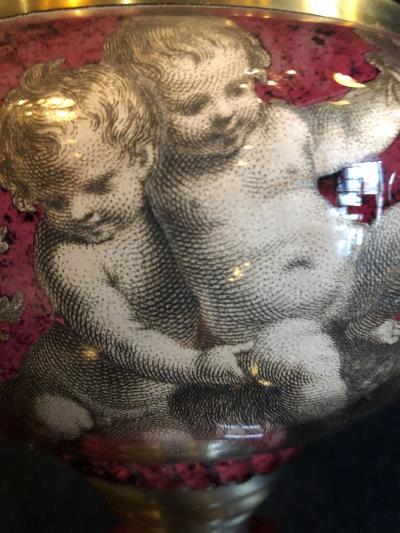 Pair of Neoclassical Cranberry Glass Decoupage Cherub Decorated Table Lamps