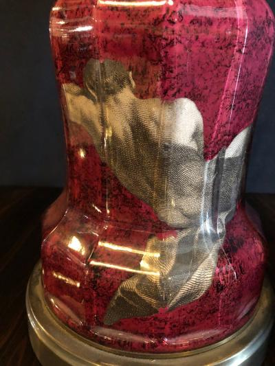 Pair of Neoclassical Cranberry Glass Decoupage Cherub Decorated Table Lamps