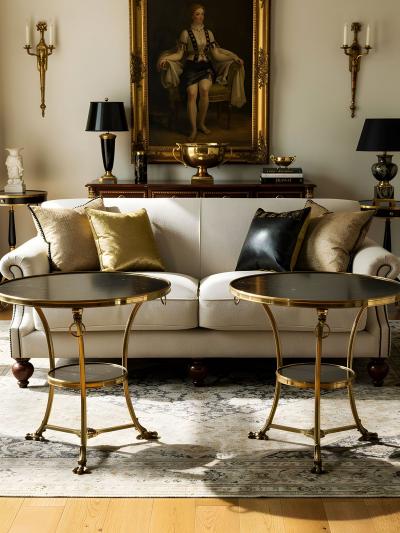 Pair of Neoclassical Fossilized Marble Brass Gueridon End Tables