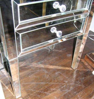 Pair of Neoclassical Modern 3 Drawer Beveled Mirrored Nightstands