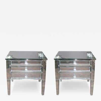 Pair of Neoclassical Modern 3 Drawer Beveled Mirrored Nightstands