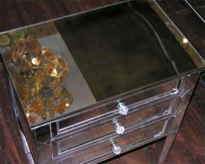 Pair of Neoclassical Modern 3 Drawer X Front Beveled Mirror Nightstands