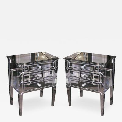 Pair of Neoclassical Modern 3 Drawer X Front Beveled Mirror Nightstands