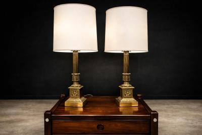 Pair of Neoclassical Revival Bronze Table Lamps with Sculptural Classical Bases