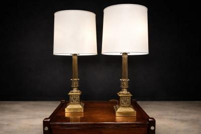 Pair of Neoclassical Revival Bronze Table Lamps with Sculptural Classical Bases