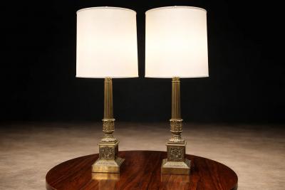 Pair of Neoclassical Revival Bronze Table Lamps with Sculptural Classical Bases