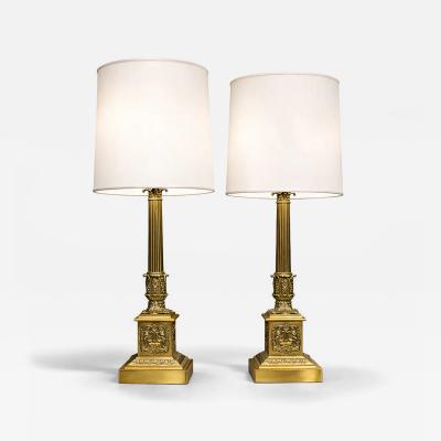 Pair of Neoclassical Revival Bronze Table Lamps with Sculptural Classical Bases
