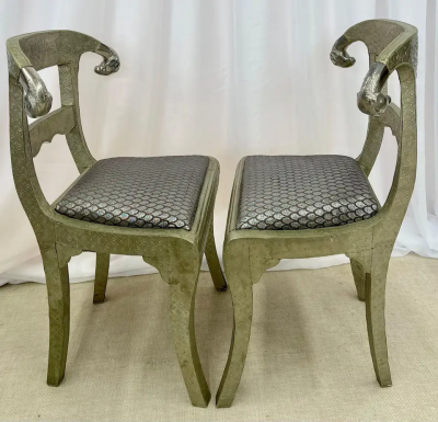 Pair of Neoclassical Side Chairs Wrapped Metal Rams Heads European Gustavian