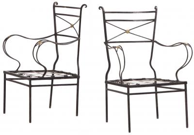 Pair of Neoclassical Style Bronze Mounted Iron Armchairs Attributed to Comte