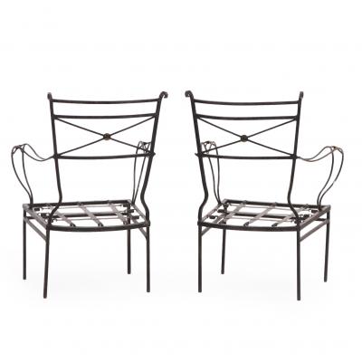 Pair of Neoclassical Style Bronze Mounted Iron Armchairs Attributed to Comte