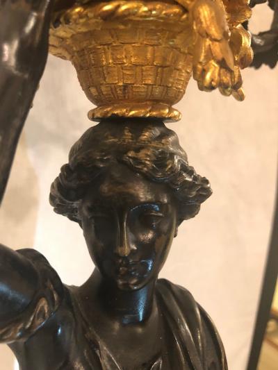 Pair of Neoclassical Style Bronze Six Arm Figural Candelabra