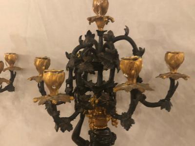 Pair of Neoclassical Style Bronze Six Arm Figural Candelabra