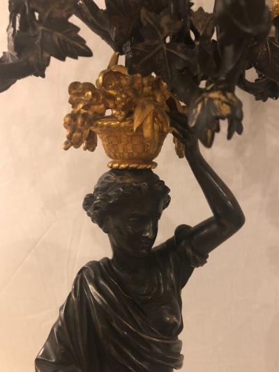 Pair of Neoclassical Style Bronze Six Arm Figural Candelabra