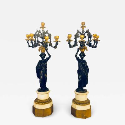 Pair of Neoclassical Style Bronze Six Arm Figural Candelabra