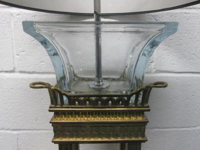 Pair of Neoclassical Style Bronze and Glass Column Lamps
