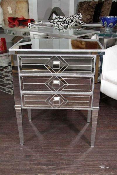 Pair of Neoclassical Style Silver Trim 3 Drawer Diamond Mirrored Nightstands