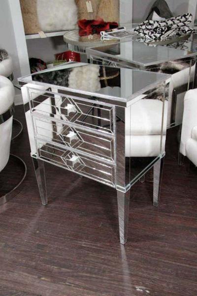 Pair of Neoclassical Style Silver Trim 3 Drawer Diamond Mirrored Nightstands