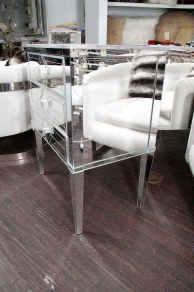 Pair of Neoclassical Style Silver Trim 3 Drawer Diamond Mirrored Nightstands