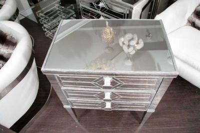 Pair of Neoclassical Style Silver Trim 3 Drawer Diamond Mirrored Nightstands