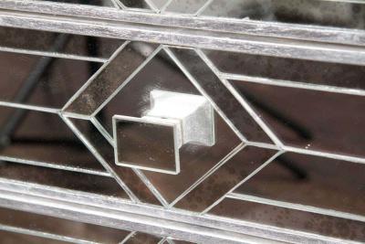 Pair of Neoclassical Style Silver Trim 3 Drawer Diamond Mirrored Nightstands