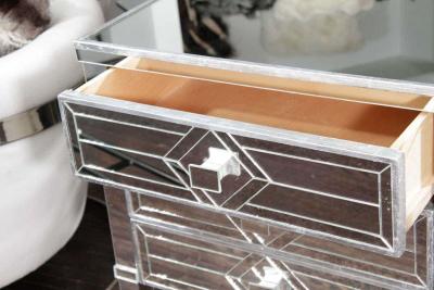 Pair of Neoclassical Style Silver Trim 3 Drawer Diamond Mirrored Nightstands