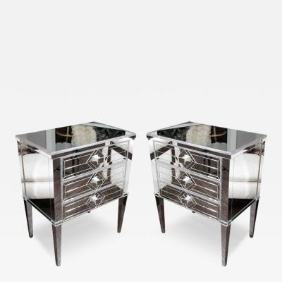 Pair of Neoclassical Style Silver Trim 3 Drawer Diamond Mirrored Nightstands