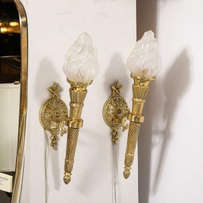 Pair of Neoclassical Torch Sconces in Frosted Glass and Antique Brass