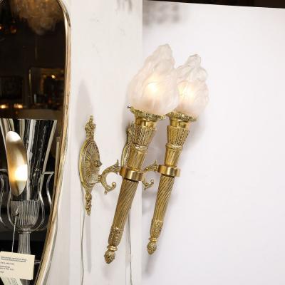 Pair of Neoclassical Torch Sconces in Frosted Glass and Antique Brass