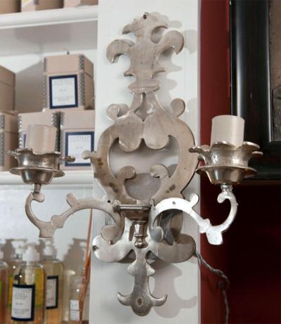 Pair of Nickel Plated Brass Fleur de Lis Wall Sconces