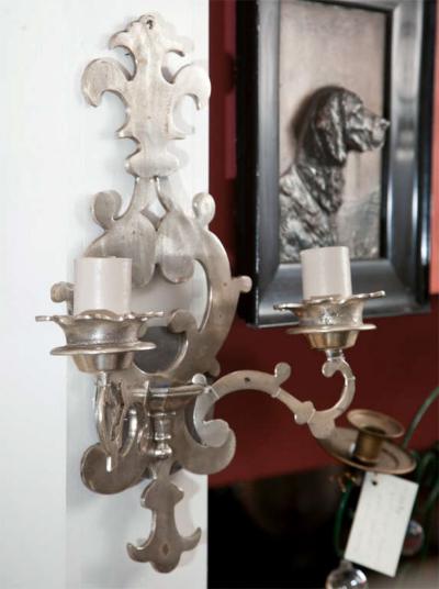 Pair of Nickel Plated Brass Fleur de Lis Wall Sconces