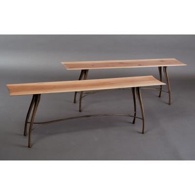 Pair of Nicolas Cesbron Bronze Benches with Cormier Wood Seats