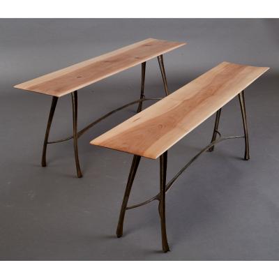 Pair of Nicolas Cesbron Bronze Benches with Cormier Wood Seats