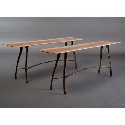 Pair of Nicolas Cesbron Bronze Benches with Cormier Wood Seats