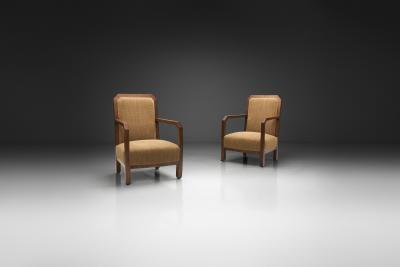 Pair of Oak Art Deco Upholstered Armchairs Europe First half of the 20th C