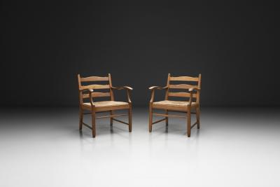 Pair of Oak Side Chairs with Rush Seats Europe 1960s
