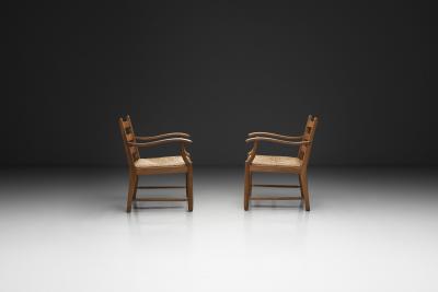 Pair of Oak Side Chairs with Rush Seats Europe 1960s
