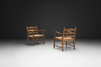 Pair of Oak Side Chairs with Rush Seats Europe 1960s