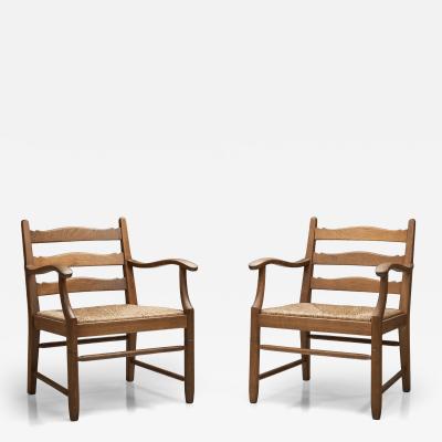 Pair of Oak Side Chairs with Rush Seats Europe 1960s