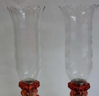 Pair of Opalescent Crystal Candlesticks and Red Baccarat Signed 1950 1970