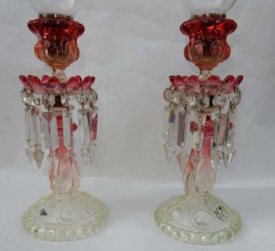 Pair of Opalescent Crystal Candlesticks and Red Baccarat Signed 1950 1970