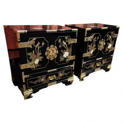 Pair of Ornate Chinoiserie Painted 3 Drawer Cabinets with Brass Accents